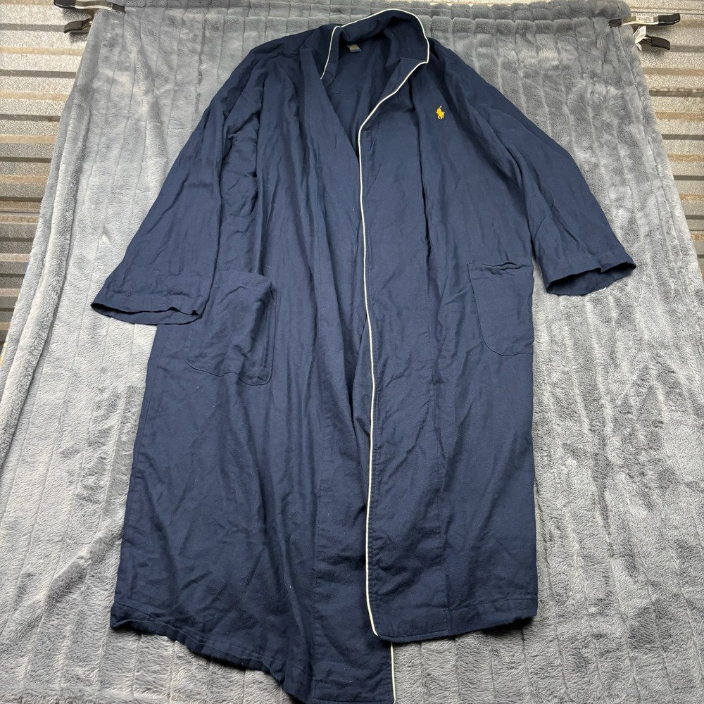 Polo Ralph Lauren Mens Navy Blue Cotton Robe Piped Trim Pony Logo L/XL